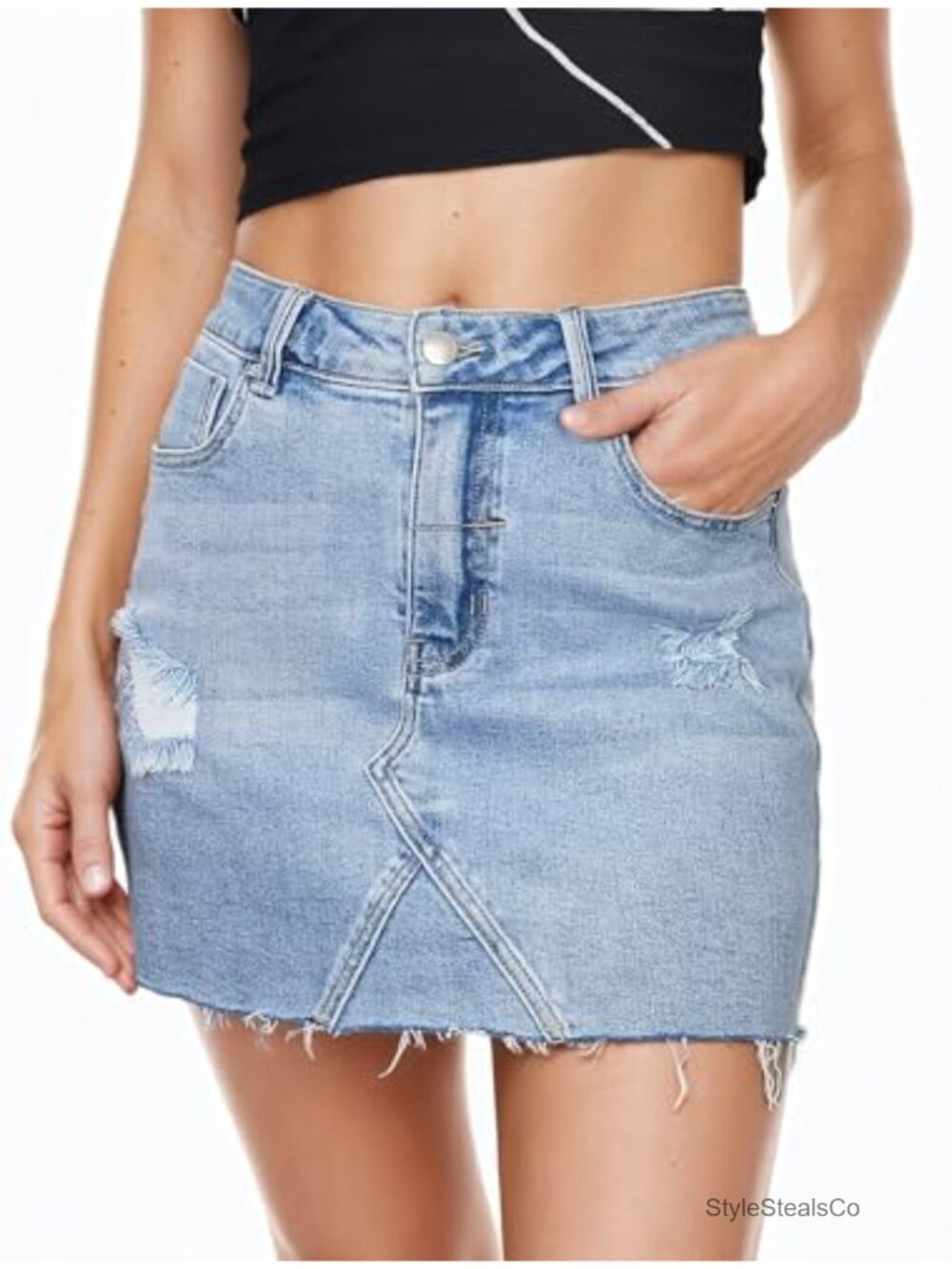 Womens High Waist Stretchy Denim Mini Skirt Frayed Raw Hem Slim Fit
